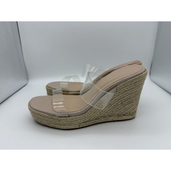 Forever Espadrille Wedges Womens 9 Clear Straps Open Toe 4" Wedding Travel - Picture 1 of 6